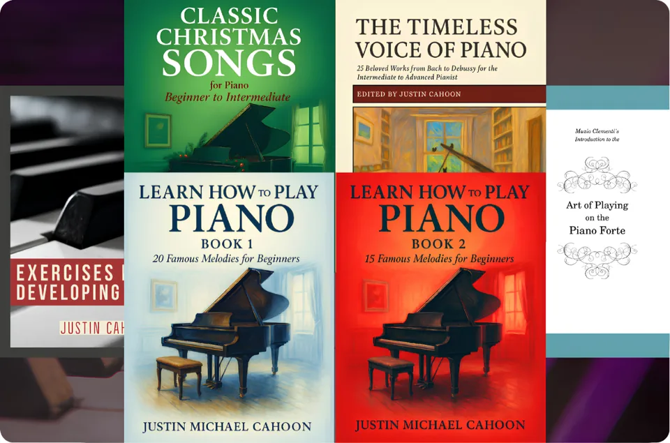 Collection of six Justin Michael Cahoon piano book covers